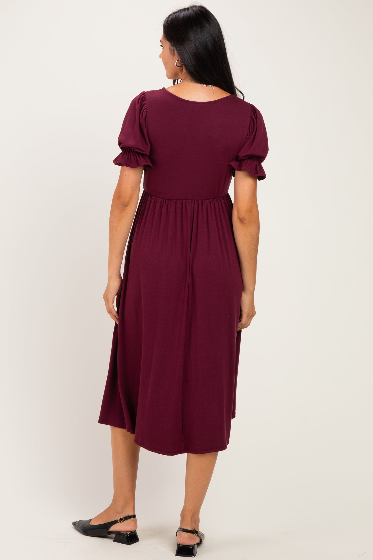 Burgundy Button Front Short Ruffle Sleeve Midi Dress