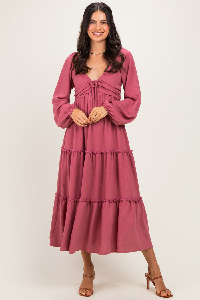Mauve Tiered Long Sleeve V-Neck Maternity Maxi Dress