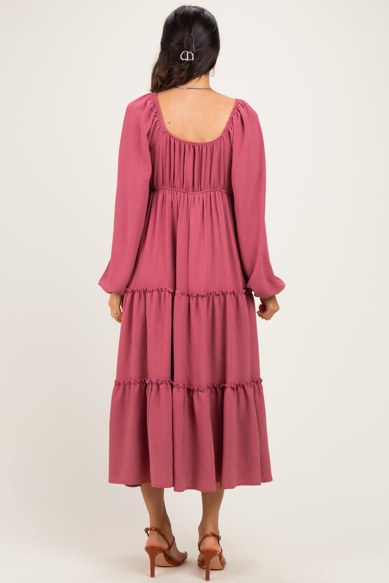 Mauve Tiered Long Sleeve V-Neck Maxi Dress
