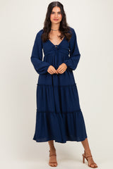 Navy Tiered Long Sleeve V-Neck Maxi Dress