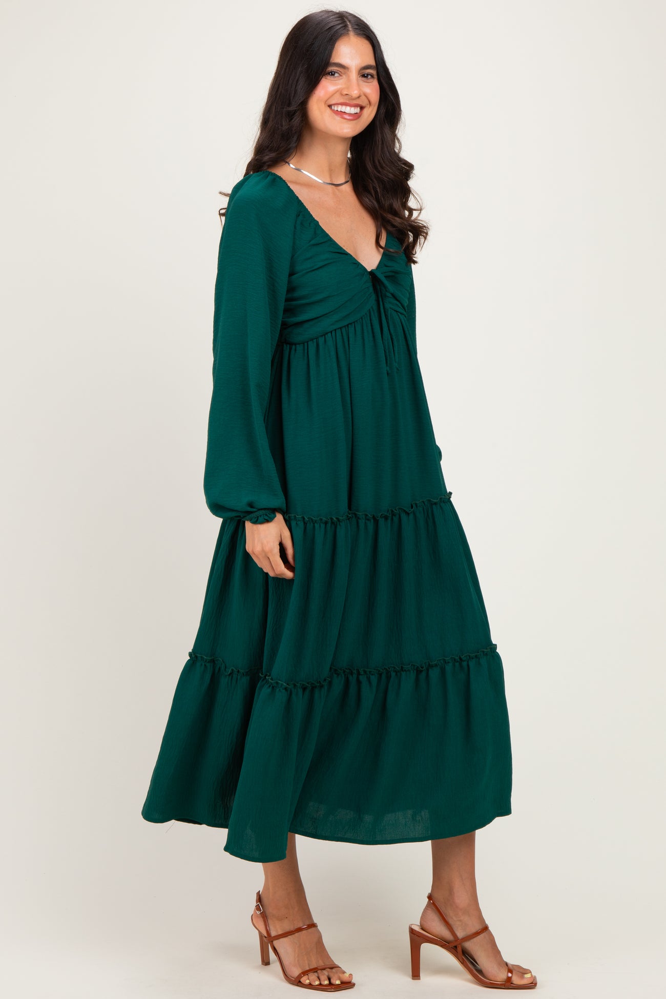 Hunter Green Tiered Long Sleeve V-Neck Maxi Dress