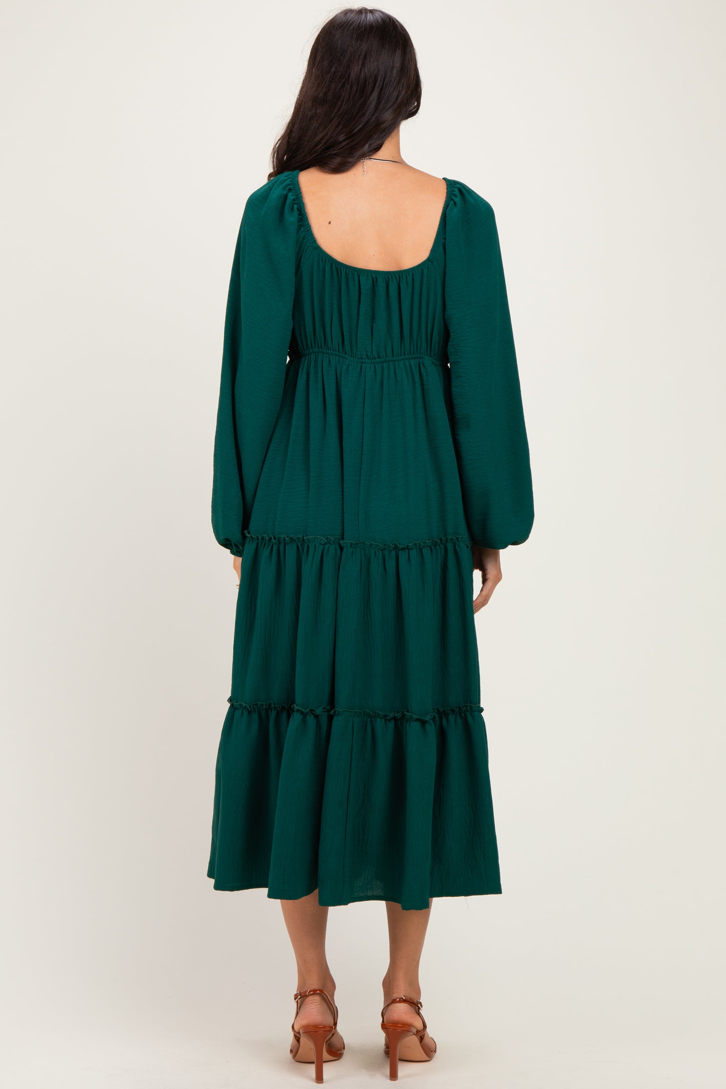 Hunter Green Tiered Long Sleeve V-Neck Maxi Dress
