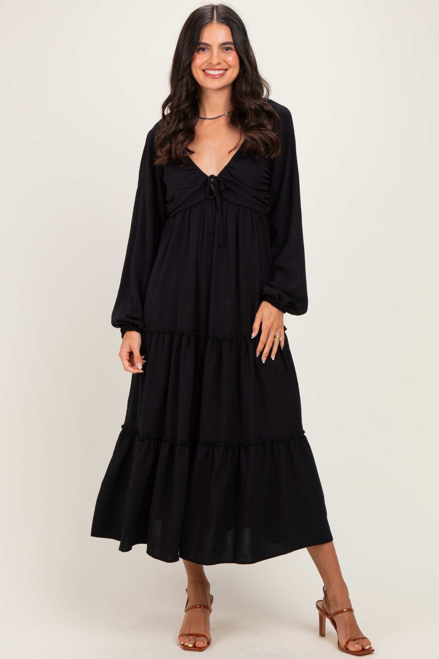 Black Tiered Long Sleeve V-Neck Maxi Dress
