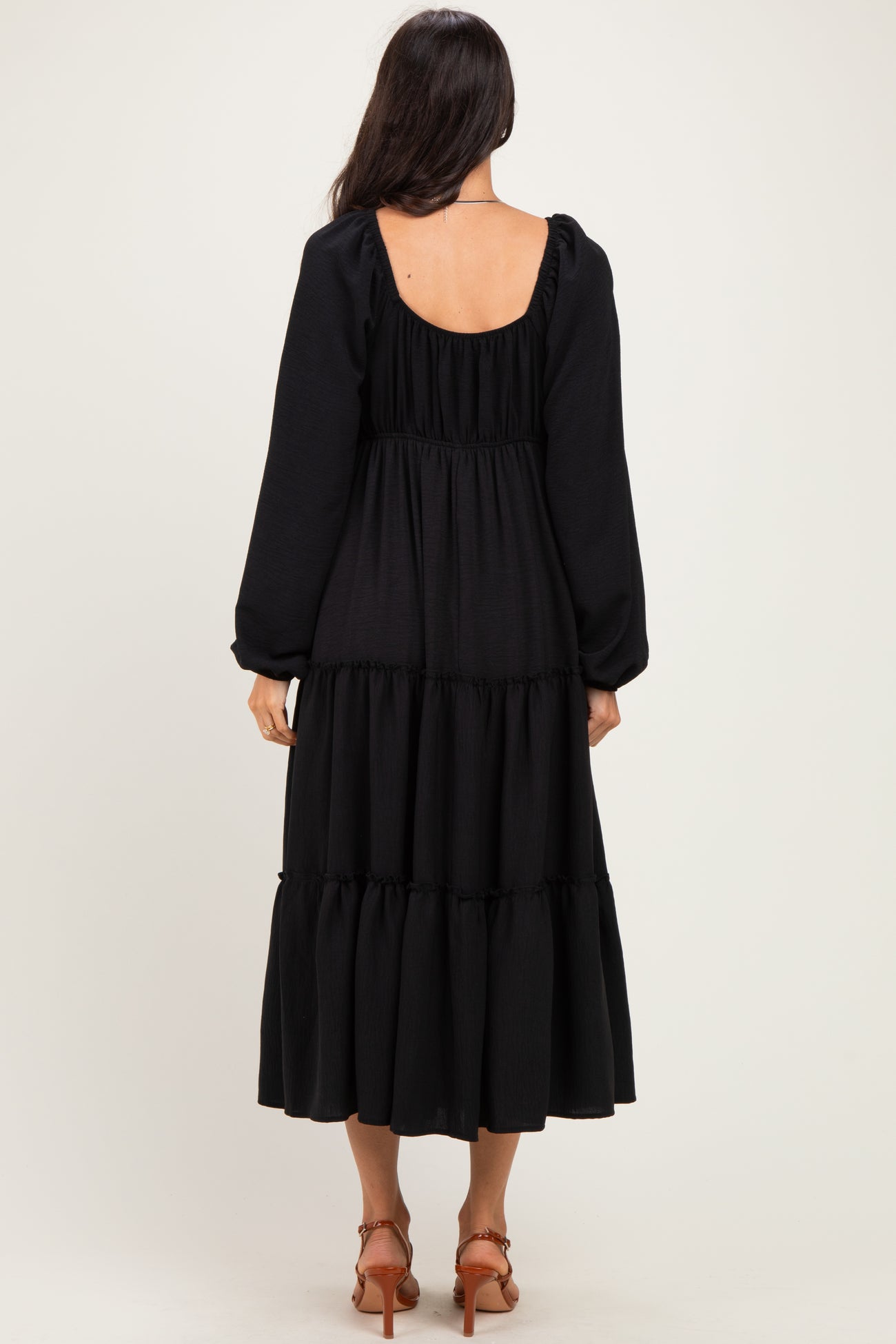 Black Tiered Long Sleeve V-Neck Maxi Dress