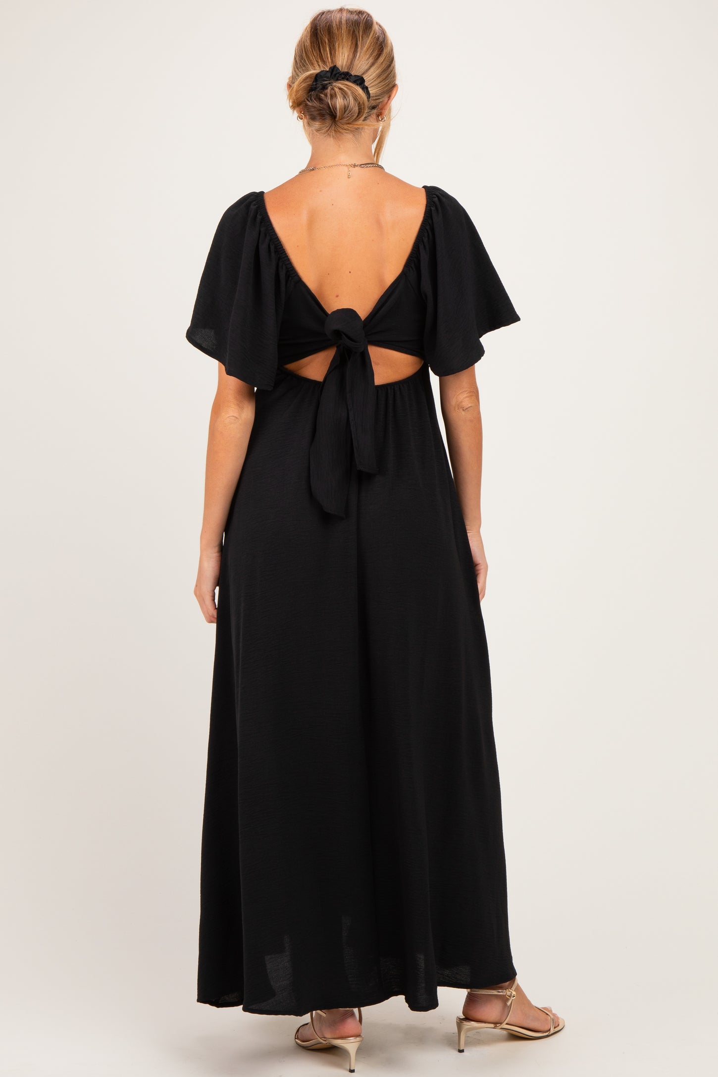 Black Knotted V-Neck Flutter Sleeve Maternity Maxi Dress