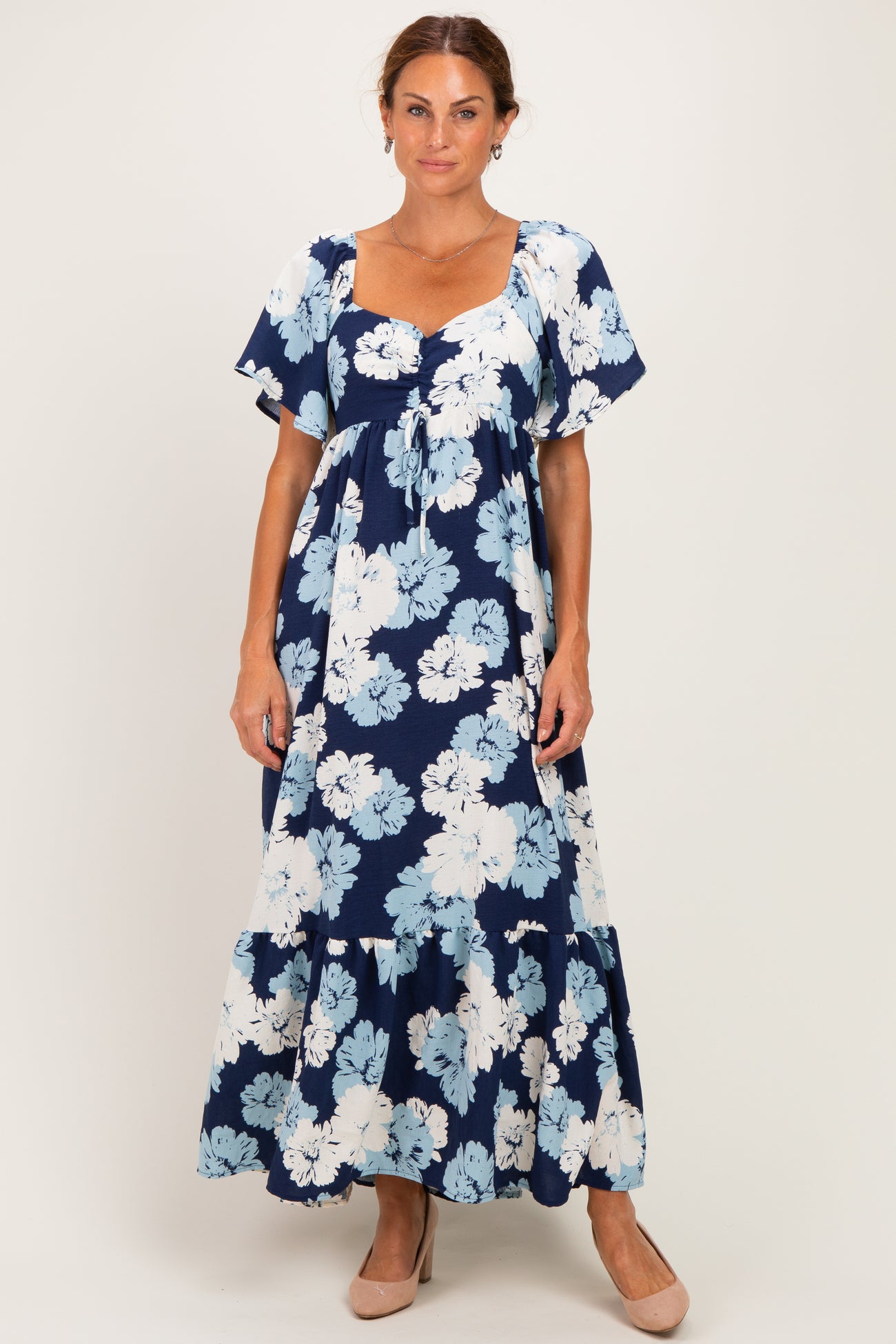 Navy/ Ivory Floral Ruched Bust Flutter Sleeve Maxi Dress