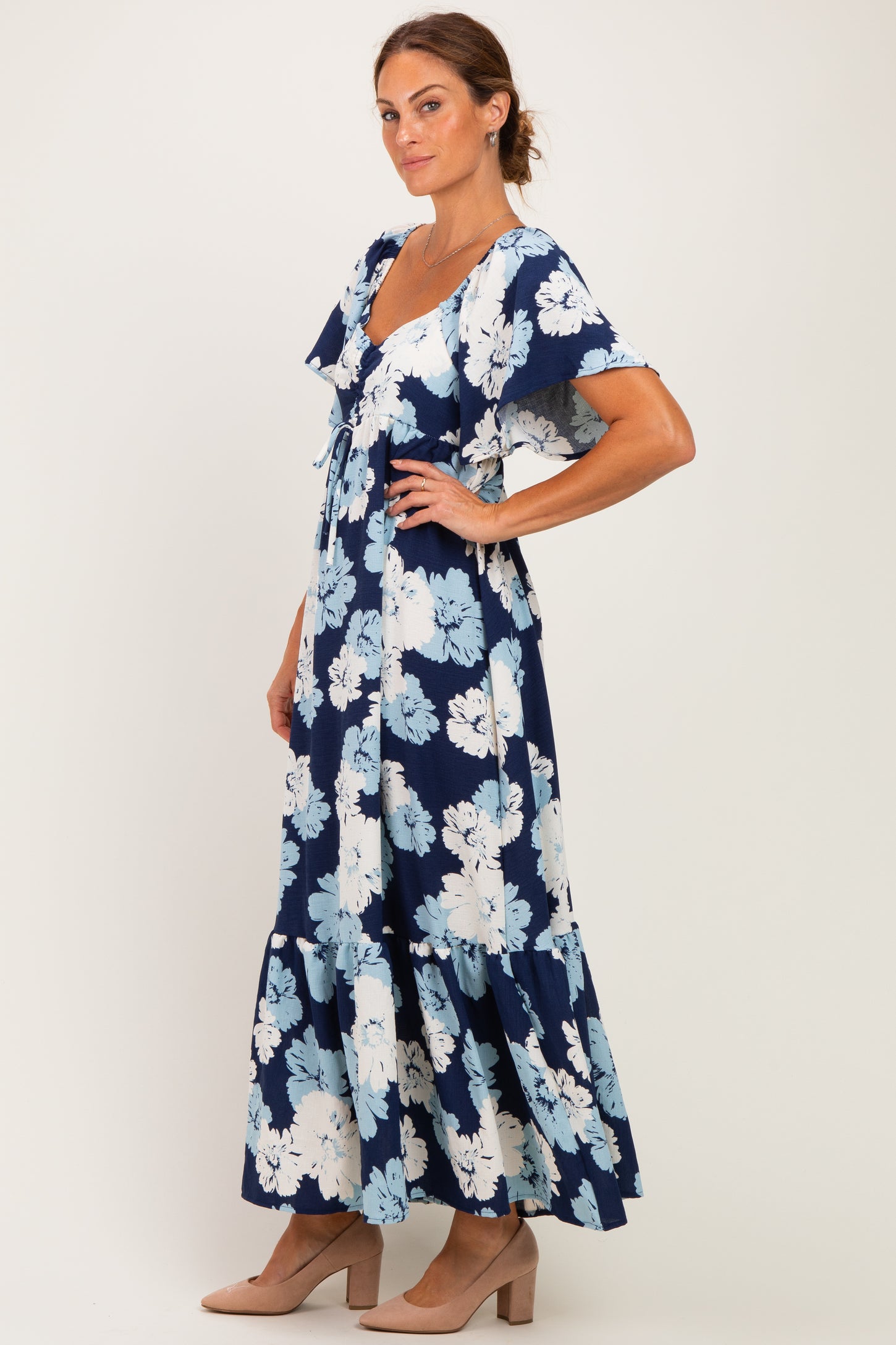 Navy/ Ivory Floral Ruched Bust Flutter Sleeve Maxi Dress