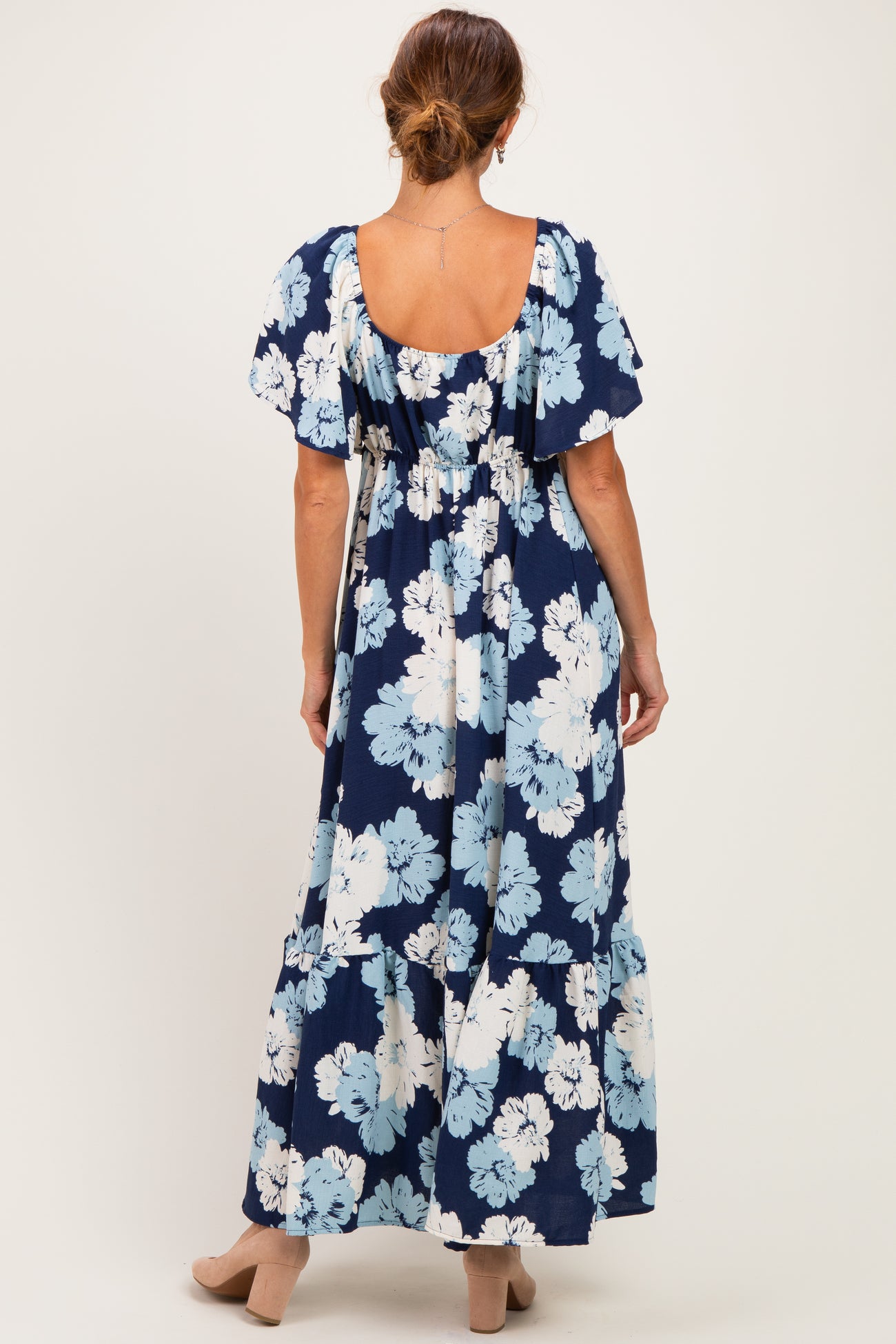 Navy/ Ivory Floral Ruched Bust Flutter Sleeve Maxi Dress
