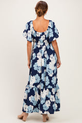 Navy/ Ivory Floral Ruched Bust Flutter Sleeve Maxi Dress