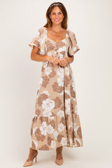 Taupe/ Ivory Floral Ruched Bust Flutter Sleeve Maternity Maxi Dress