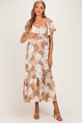 Taupe/ Ivory Floral Ruched Bust Flutter Sleeve Maternity Maxi Dress