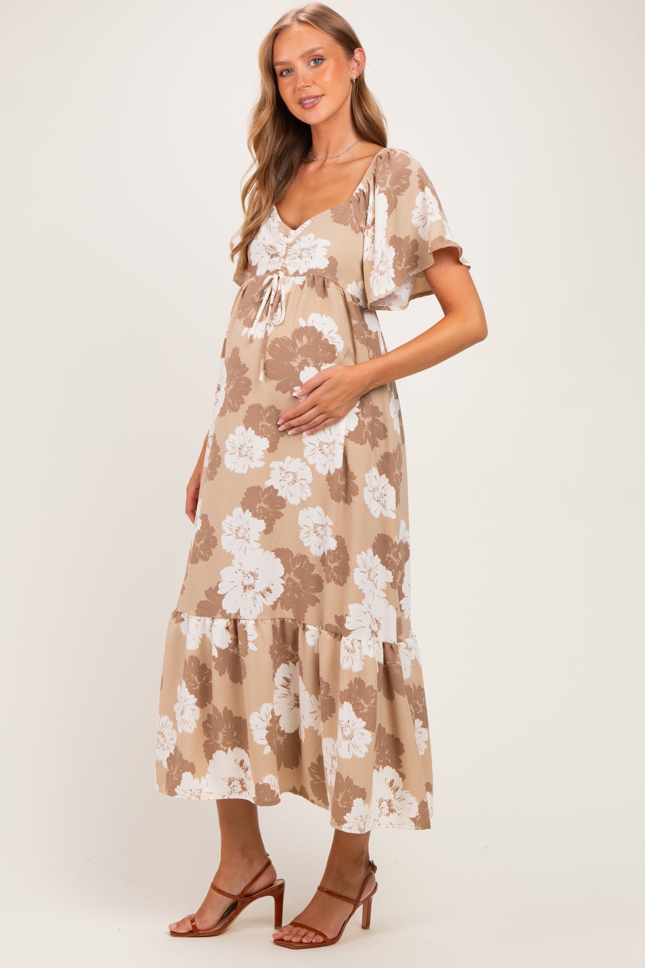 Taupe/ Ivory Floral Ruched Bust Flutter Sleeve Maternity Maxi Dress