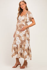 Taupe/ Ivory Floral Ruched Bust Flutter Sleeve Maternity Maxi Dress