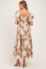 Taupe/ Ivory Floral Ruched Bust Flutter Sleeve Maternity Maxi Dress