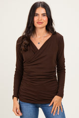 Brown Ribbed Knit Long Sleeve Wrap Maternity Nursing Top