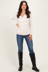 Cream Ribbed Knit Long Sleeve Wrap Nursing Top
