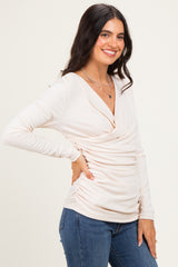 Cream Ribbed Knit Long Sleeve Wrap Nursing Top