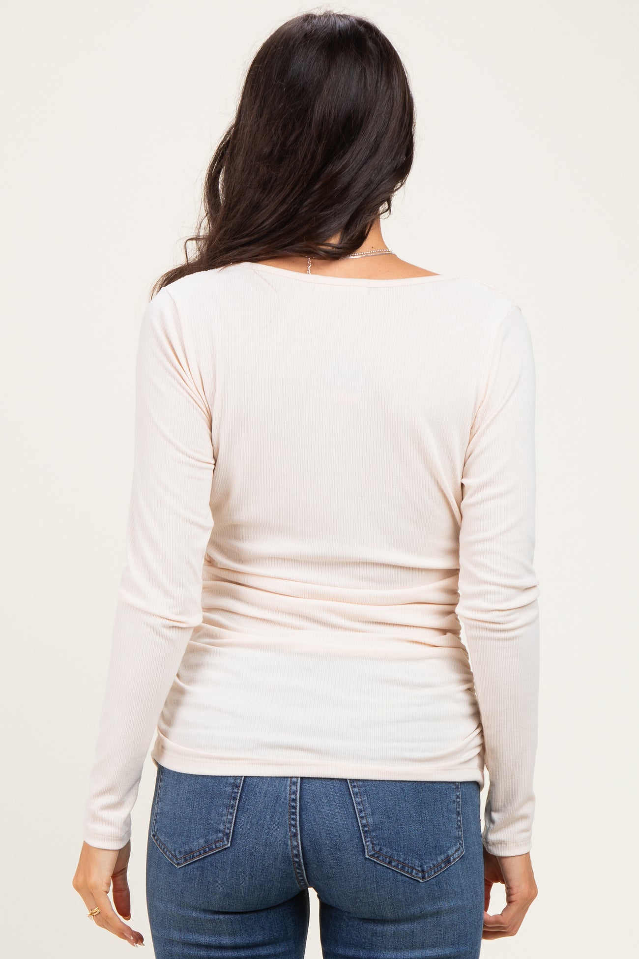 Cream Ribbed Knit Long Sleeve Wrap Nursing Top
