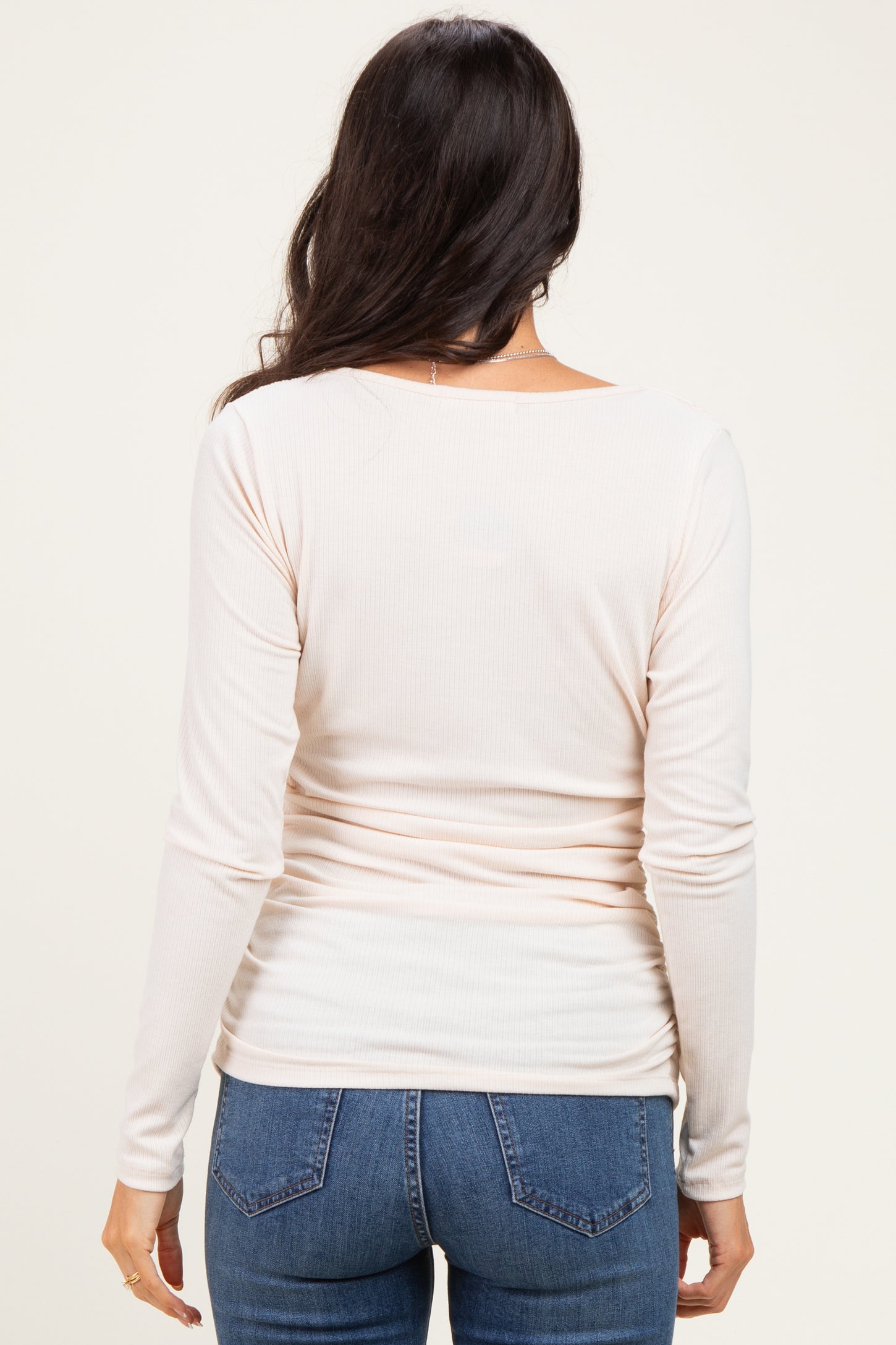 Cream Ribbed Knit Long Sleeve Wrap Nursing Top