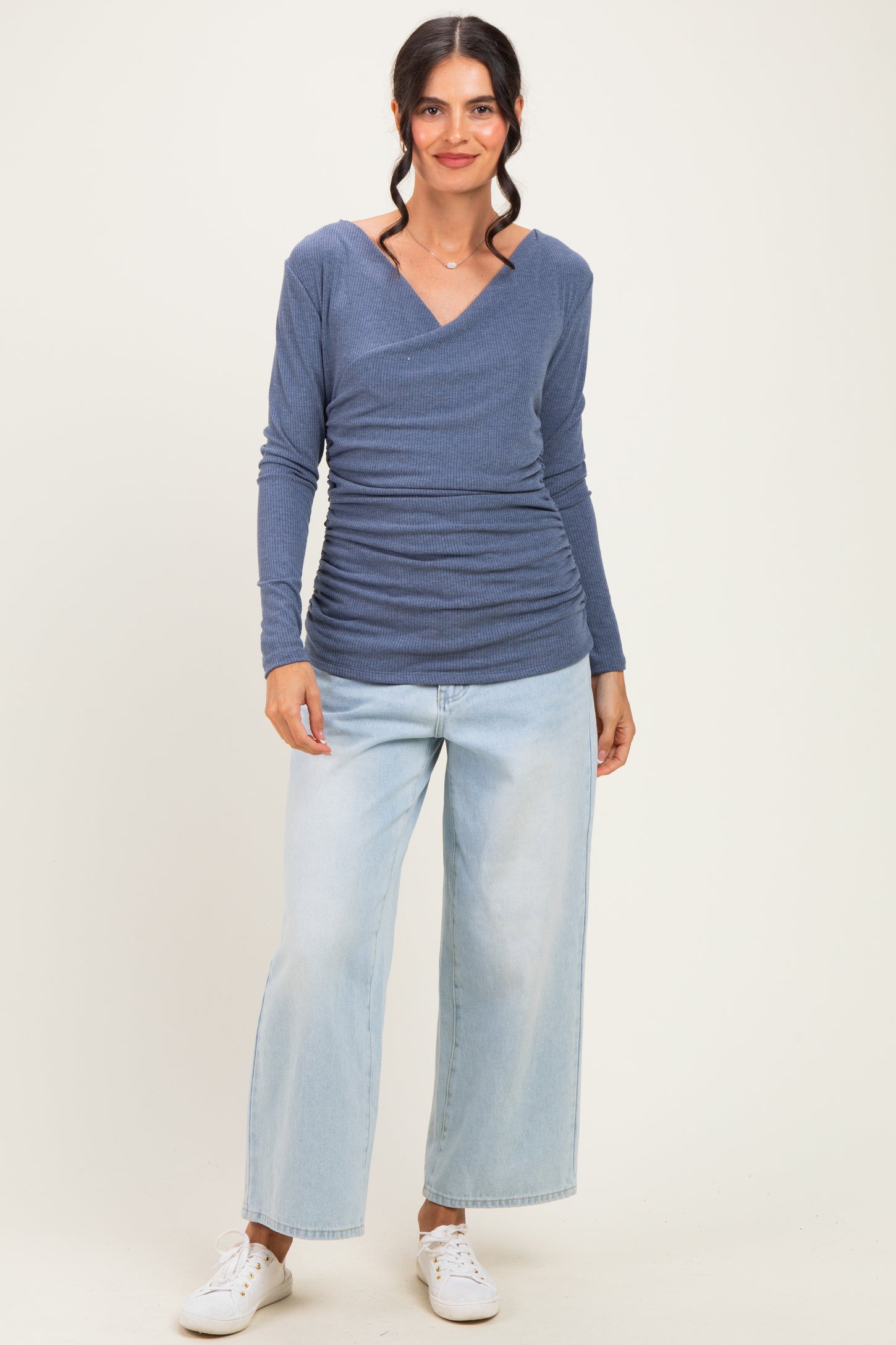 Blue Ribbed Knit Long Sleeve Wrap Nursing Top