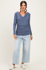 Blue Ribbed Knit Long Sleeve Wrap Nursing Top