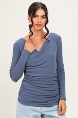 Blue Ribbed Knit Long Sleeve Wrap Nursing Top