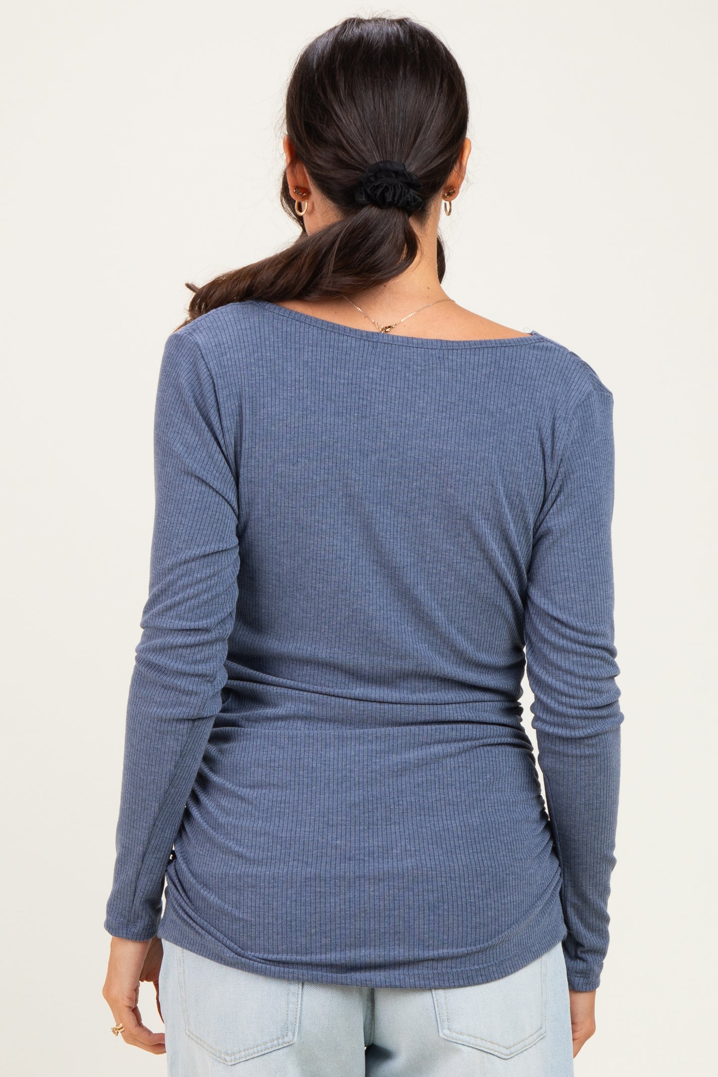 Blue Ribbed Knit Long Sleeve Wrap Nursing Top