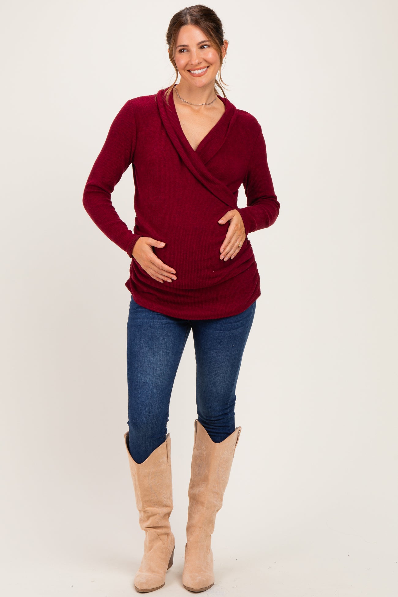 Burgundy Heathered Draped Wrap Maternity/Nursing Top