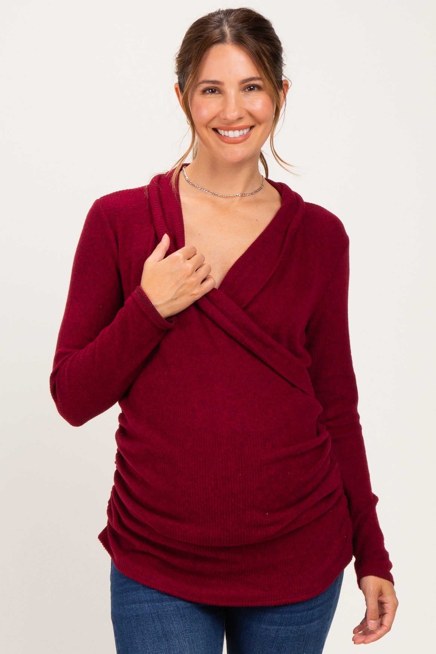 Burgundy Heathered Draped Wrap Maternity/Nursing Top