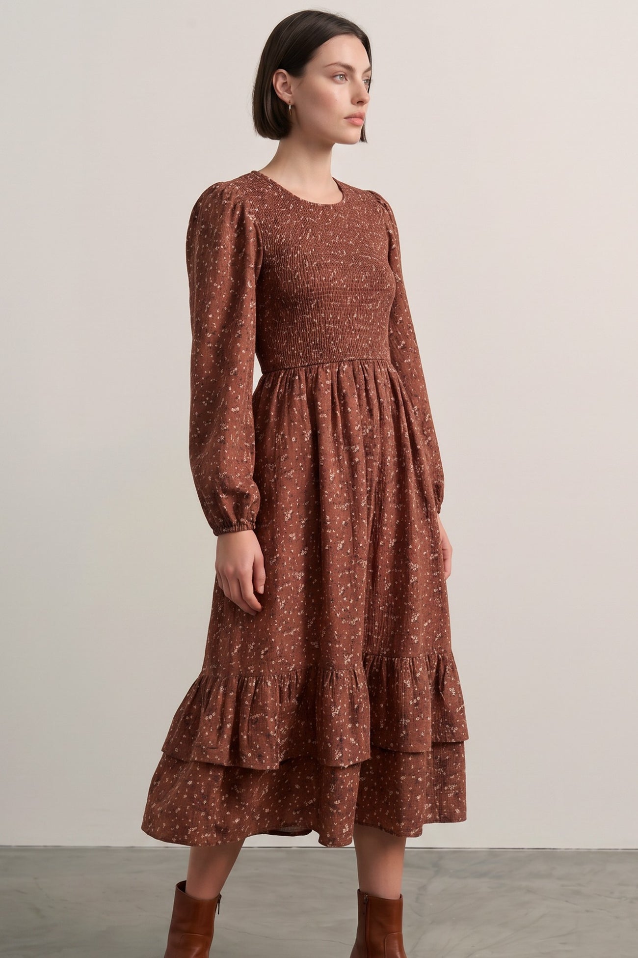 Cinnamon Floral Smocked Ruffle Hem Midi Dress