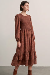 Cinnamon Floral Smocked Ruffle Hem Midi Dress