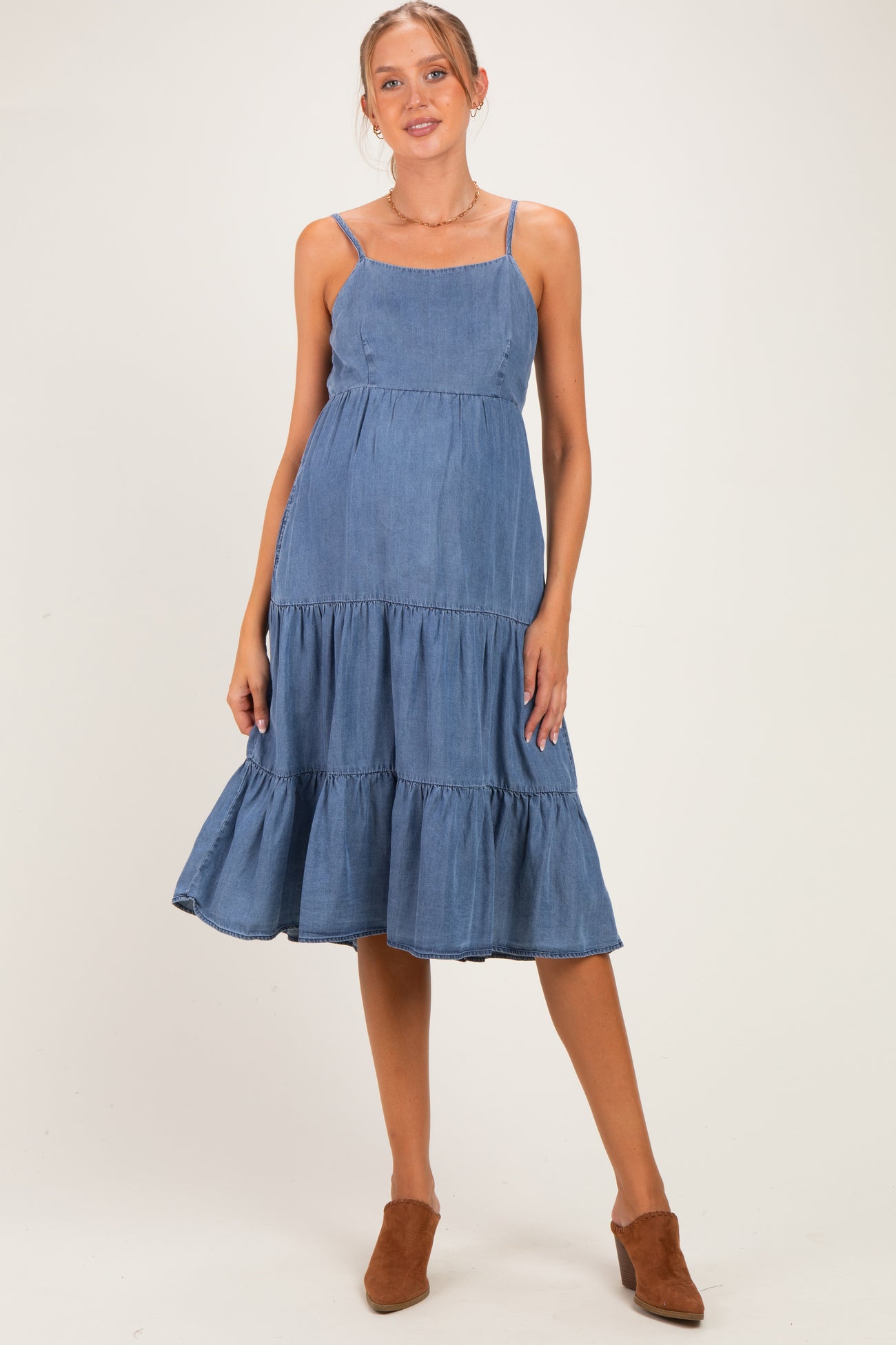 Medium Wash Denim Tiered Cami Maternity Midi Dress