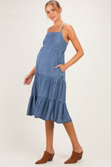 Medium Wash Denim Tiered Cami Maternity Midi Dress
