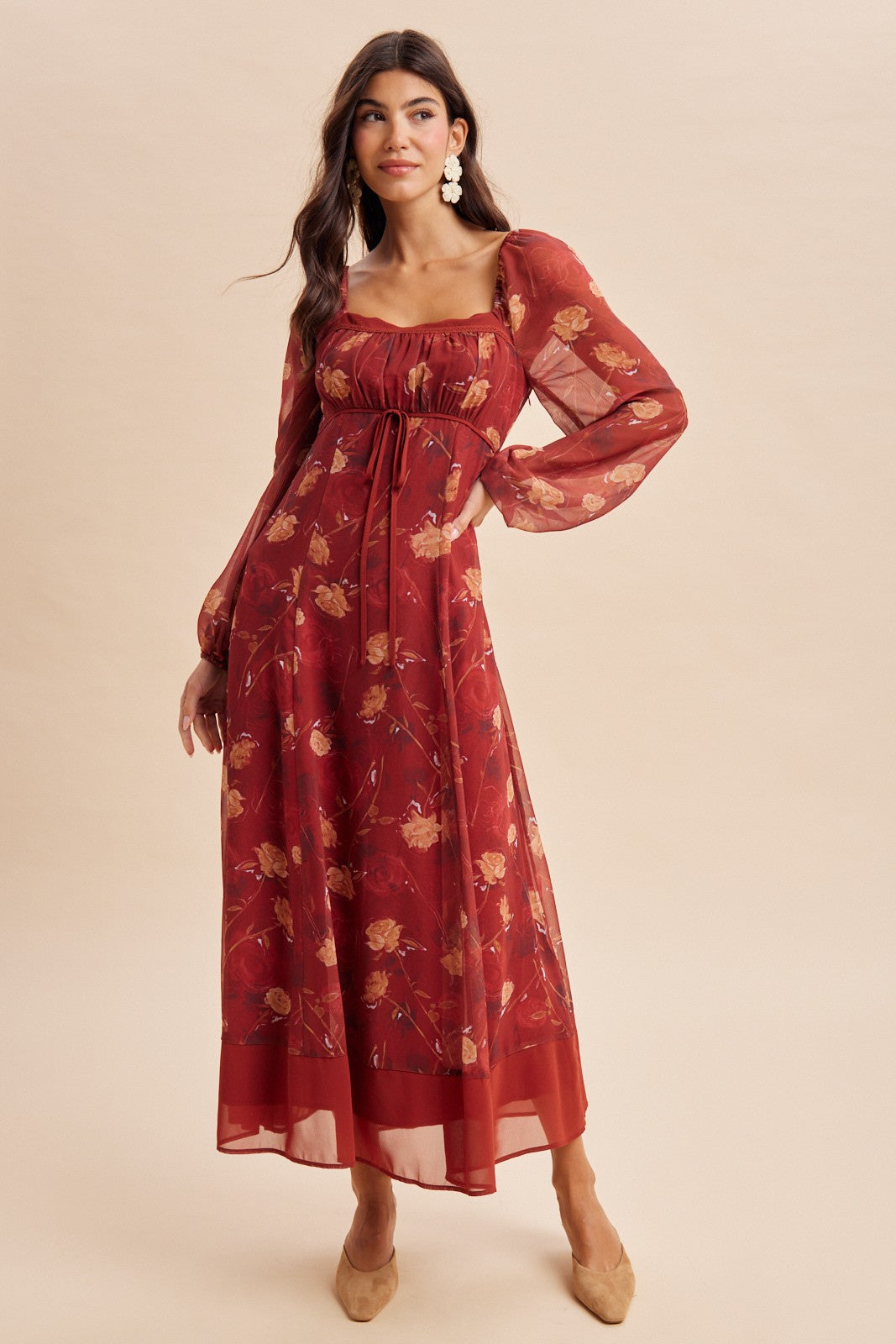 Burnt Ginger Floral Mesh Front Tie Maternity Maxi Dress