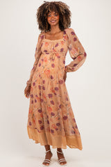 Sand Beige Floral Mesh Front Tie Maternity Maxi Dress