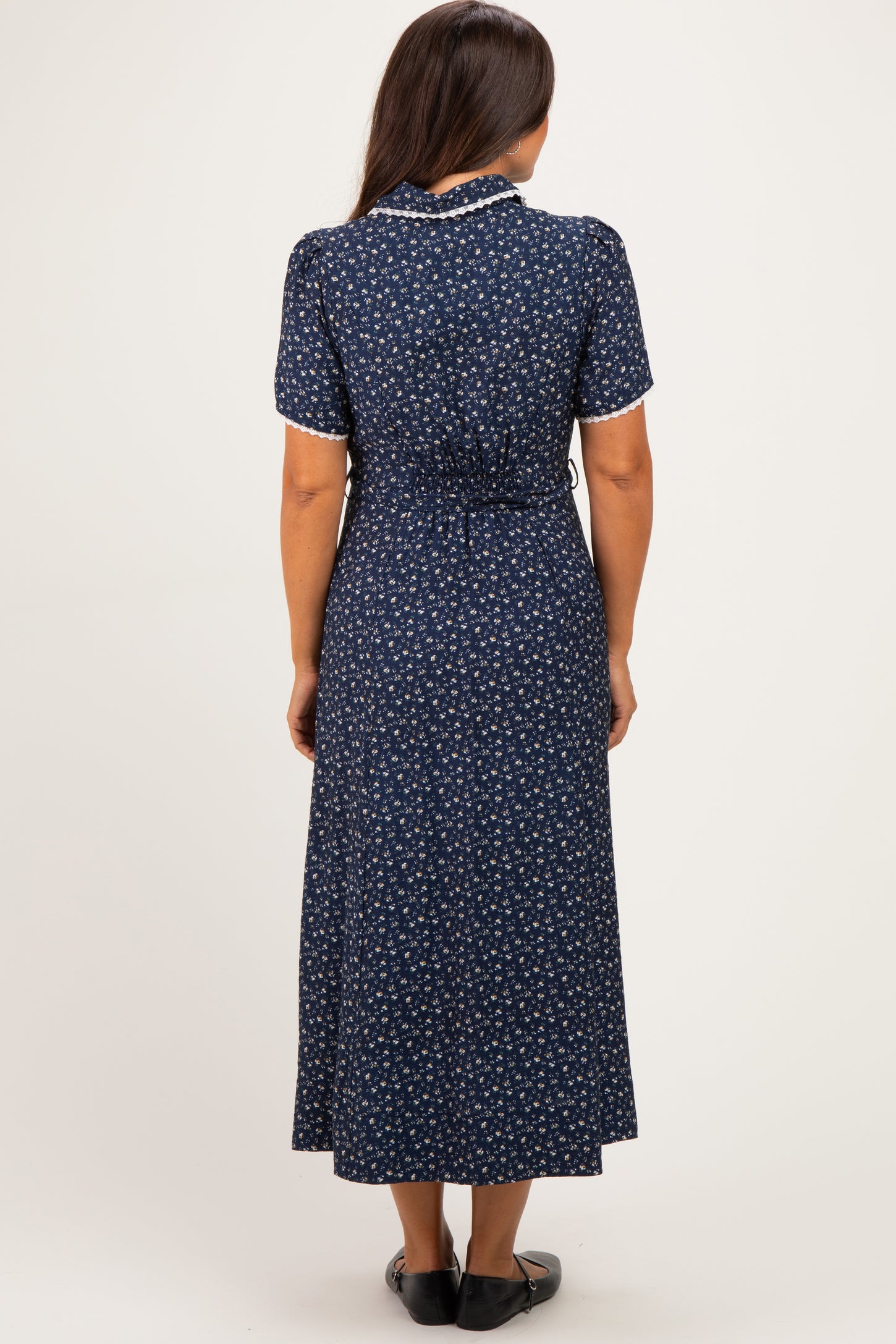 Navy Floral Button Down Tie Waist Maternity Midi Dress