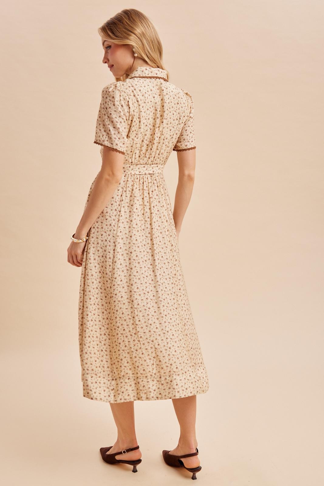 Buttercream Floral Button Down Tie Waist Midi Dress