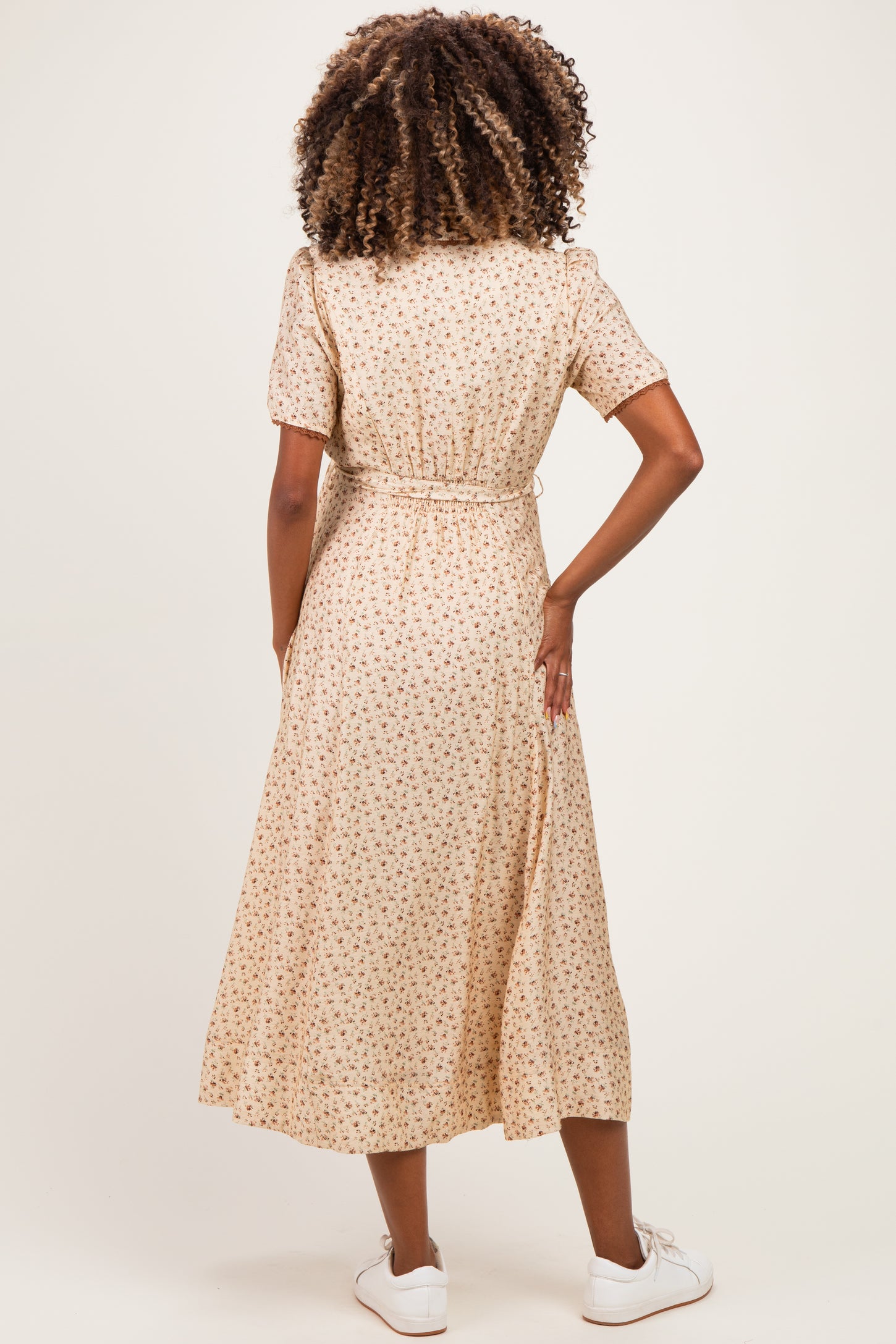 Buttercream Floral Button Down Tie Waist Maternity Midi Dress