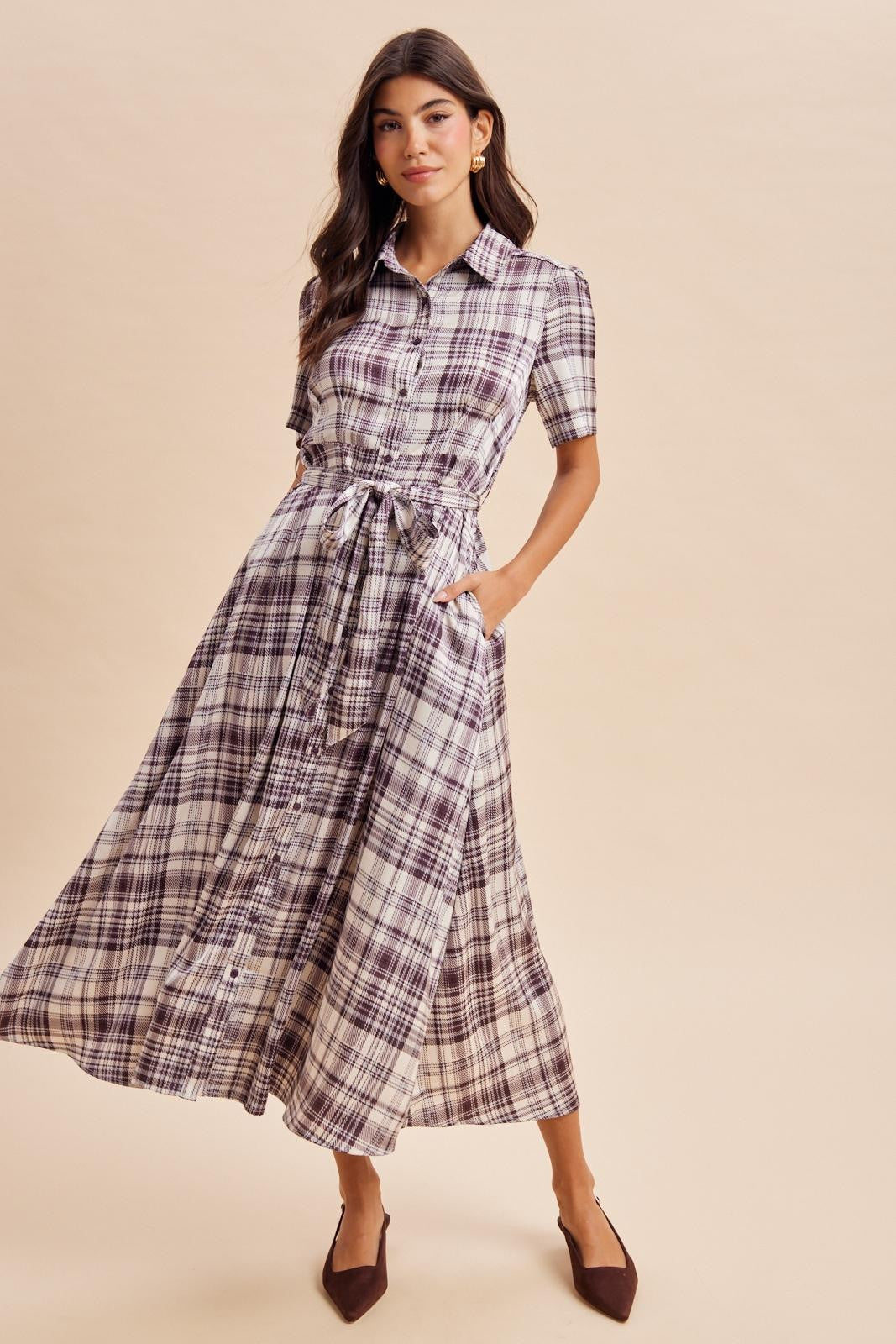 Dark Plum Plaid Button Down Midi Dress