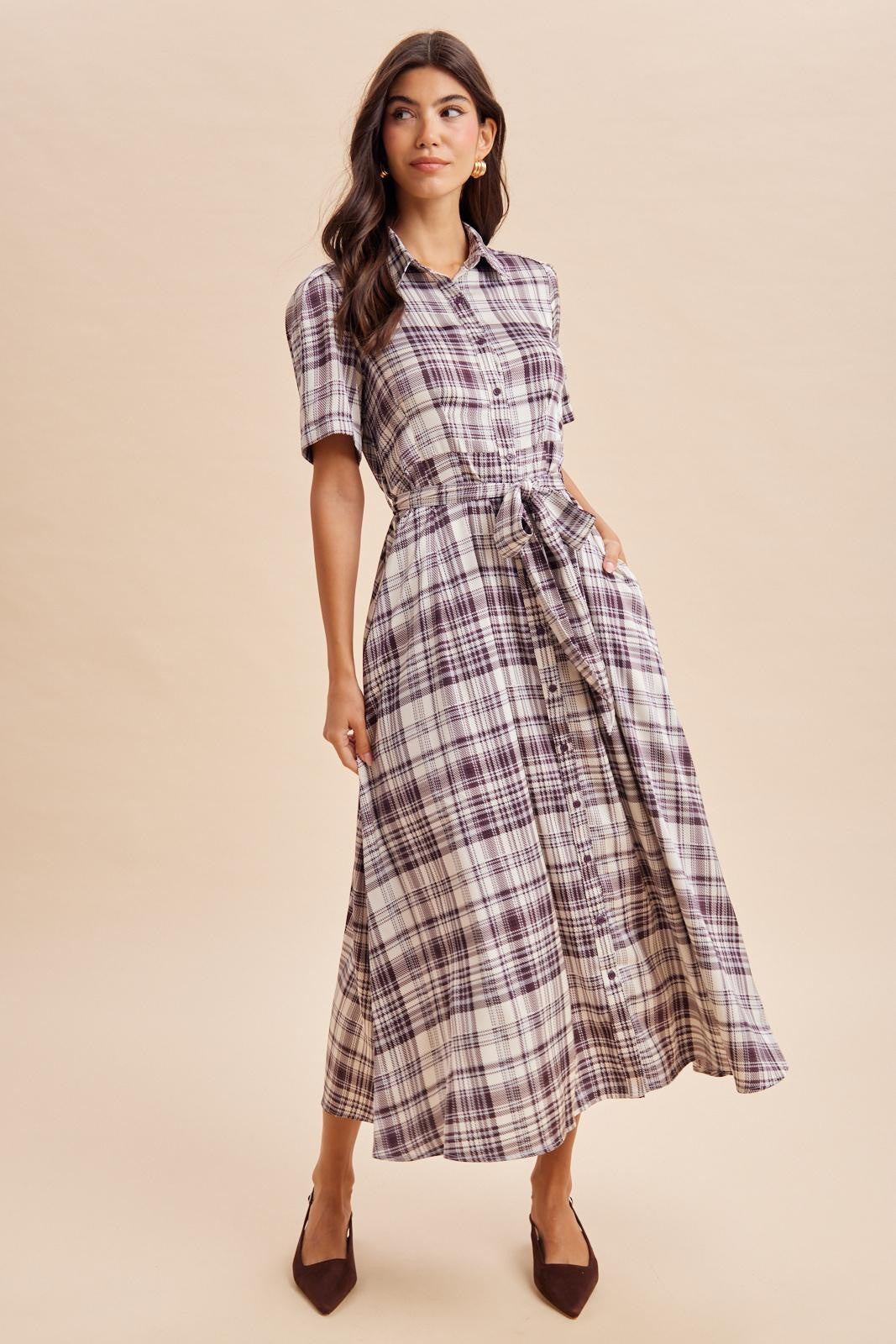 Dark Plum Plaid Button Down Midi Dress