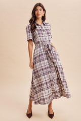 Dark Plum Plaid Button Down Midi Dress