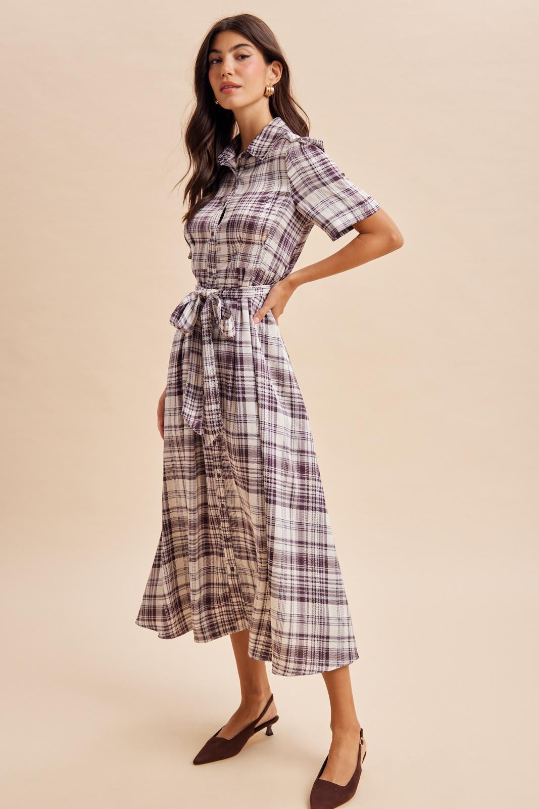 Dark Plum Plaid Button Down Midi Dress