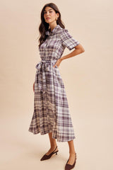 Dark Plum Plaid Button Down Midi Dress