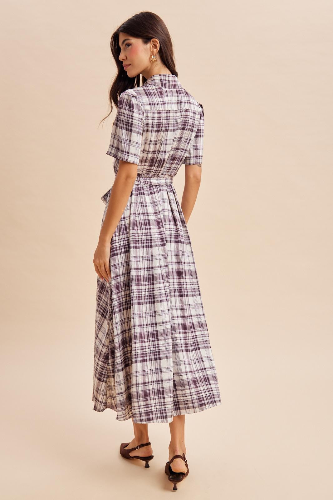 Dark Plum Plaid Button Down Midi Dress