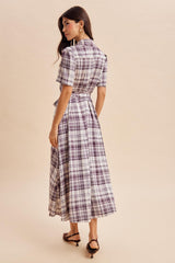 Dark Plum Plaid Button Down Midi Dress