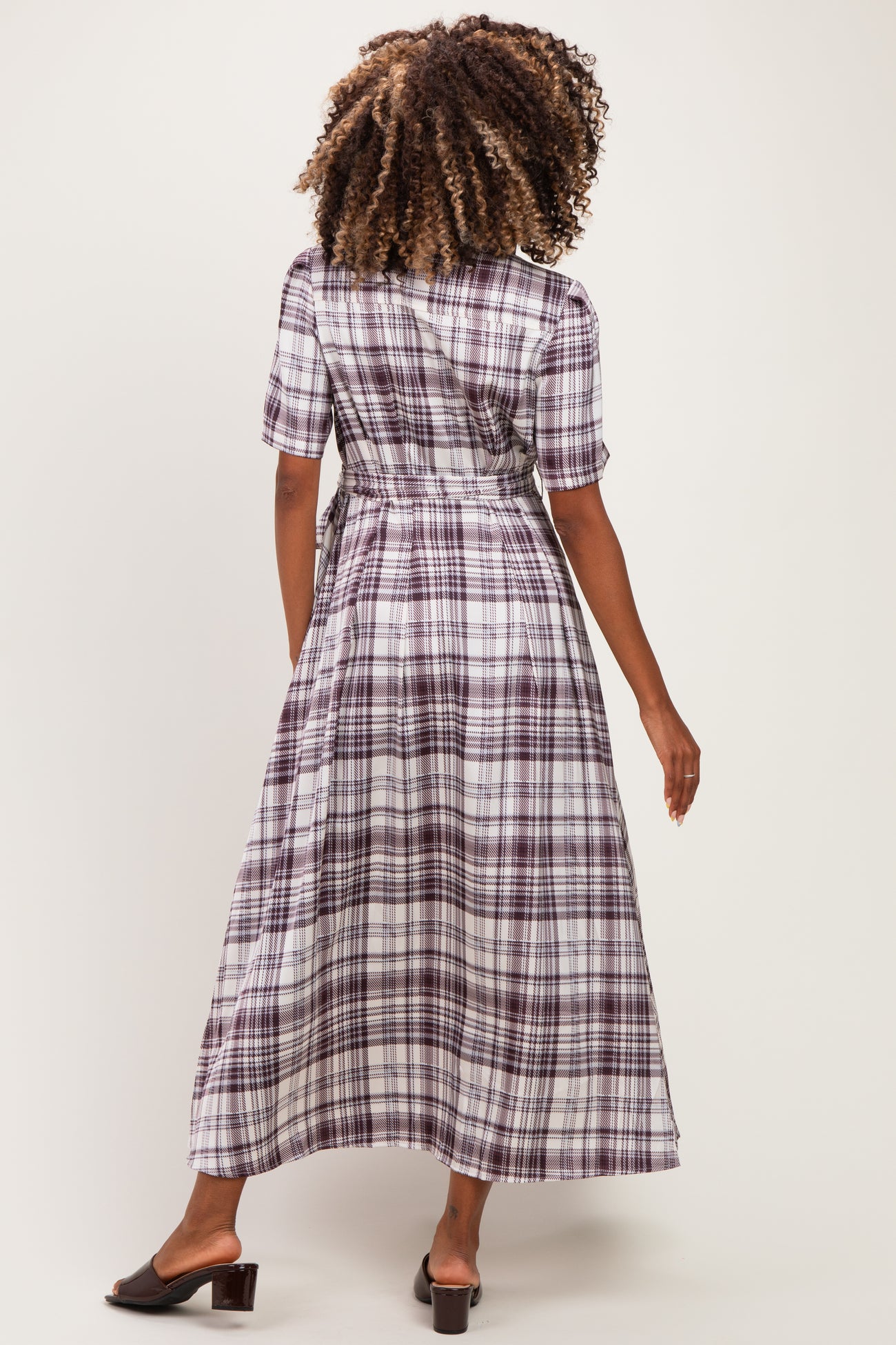 Dark Plum Plaid Button Down Maternity Midi Dress