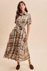 Dark Olive Plaid Button Down Midi Dress