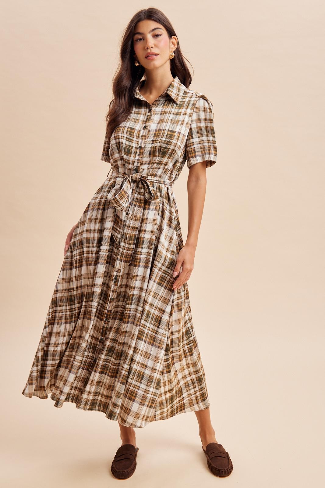 Dark Olive Plaid Button Down Maternity Midi Dress