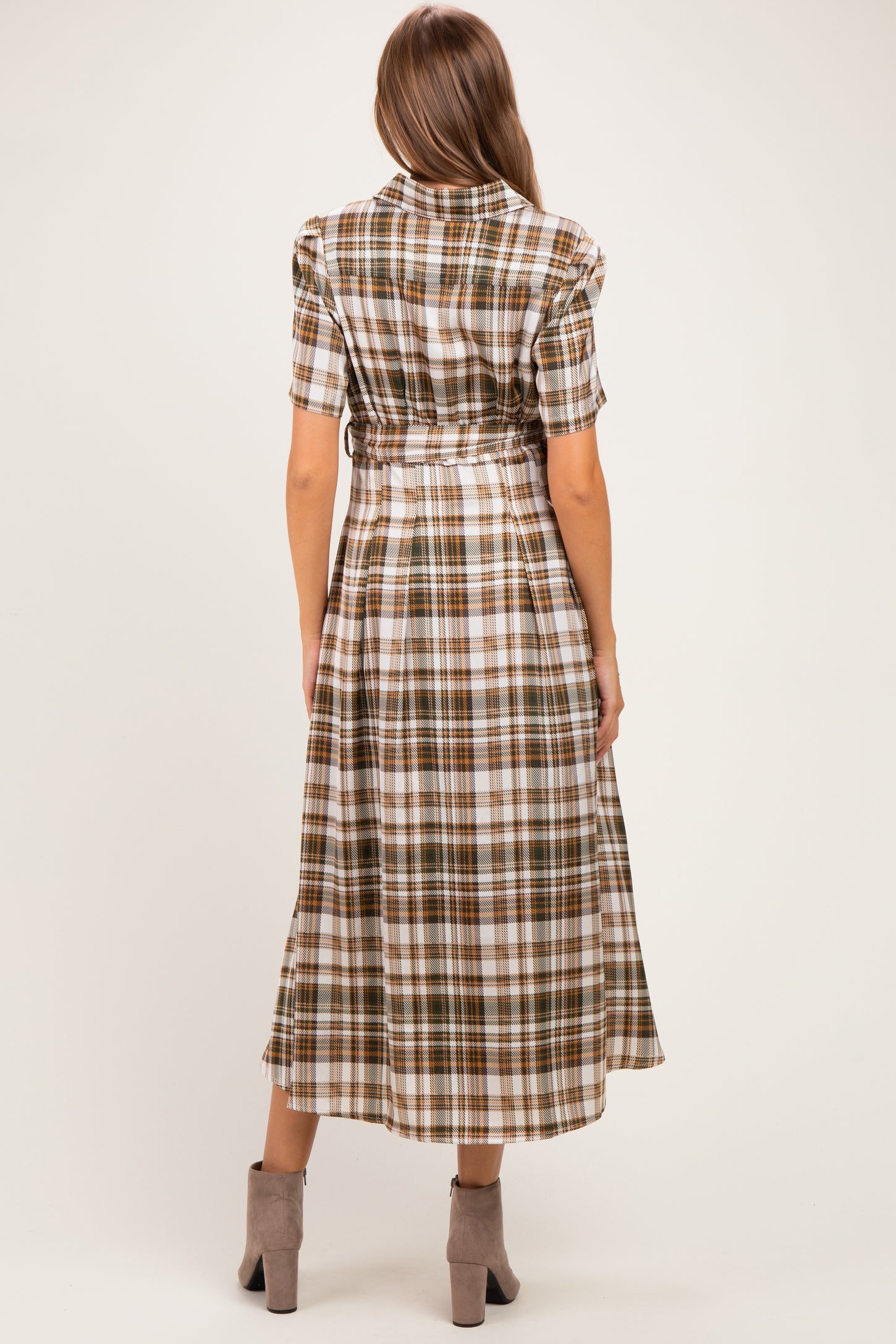 Dark Olive Plaid Button Down Maternity Midi Dress