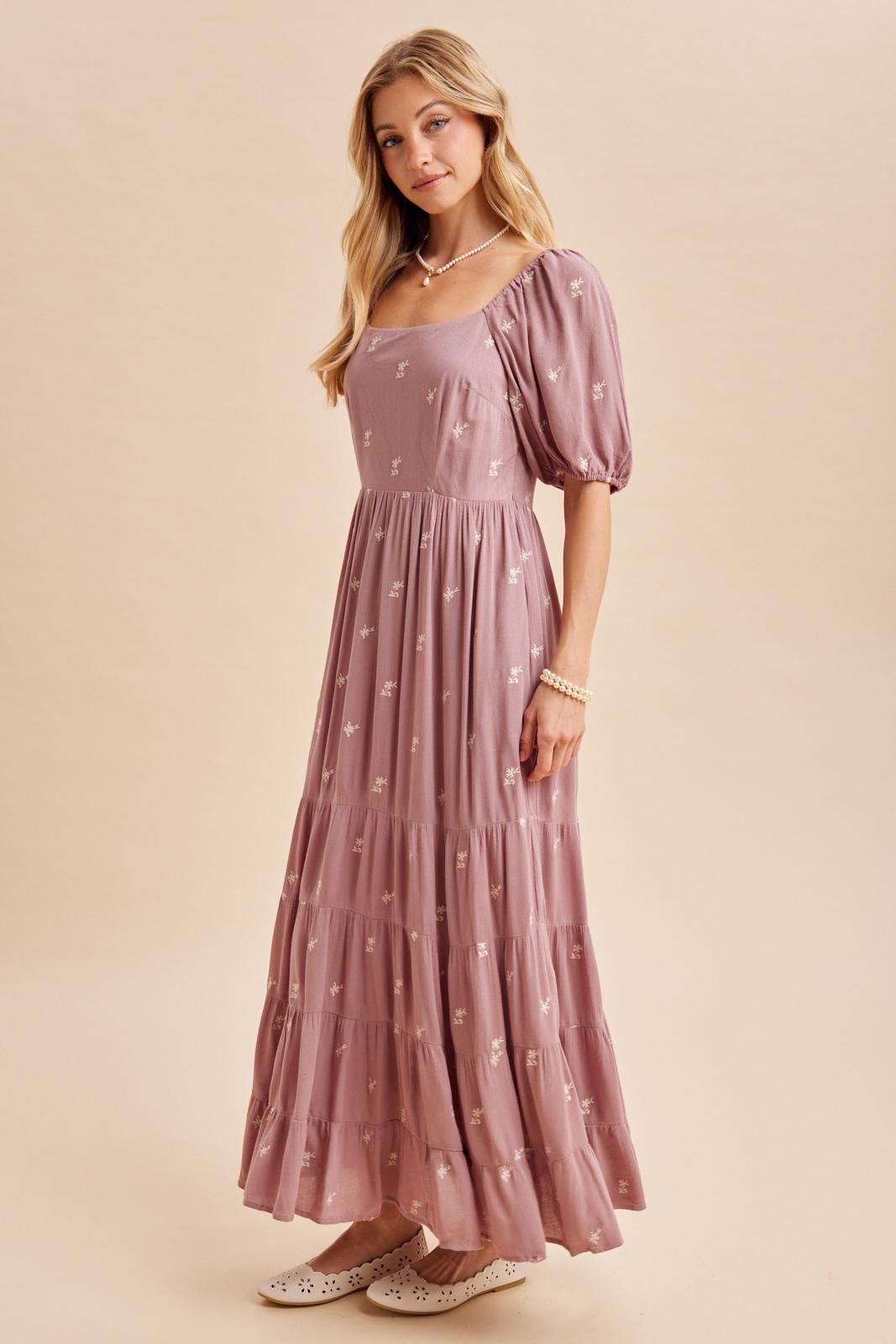 Mauve Embroidered Tiered Maxi Dress